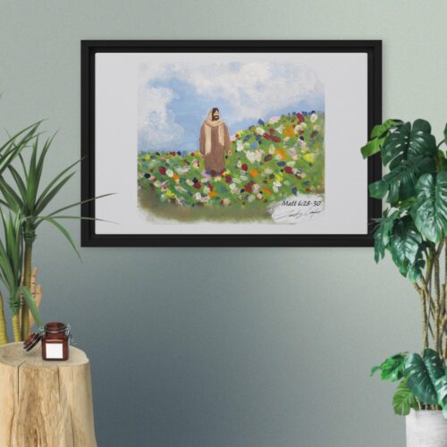 Jesus with Flowers Framed Canvas Print
