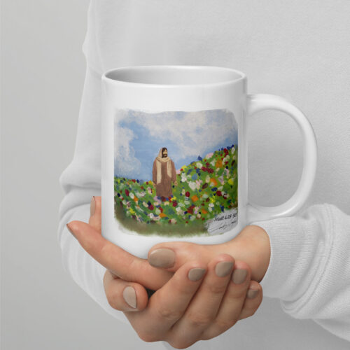 Jesus with Flowers White Ceramic Glossy Mug